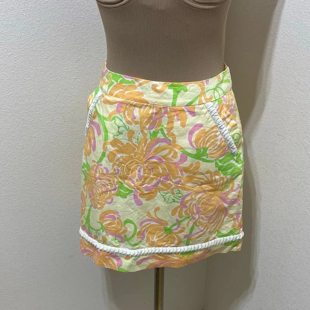 Lilly Pulitzer Women's Yellow Orange Pink Floral Lined Skirt Size 2